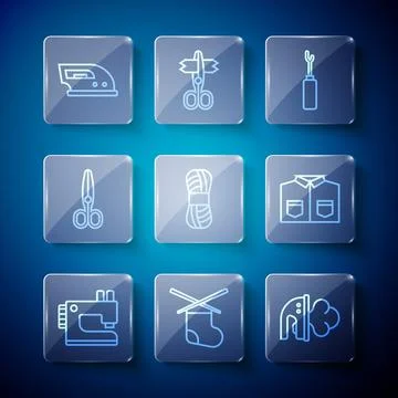 Set line Sewing machine, Knitting needles, Electric iron, Awl tool, Yarn Illustrazione stock