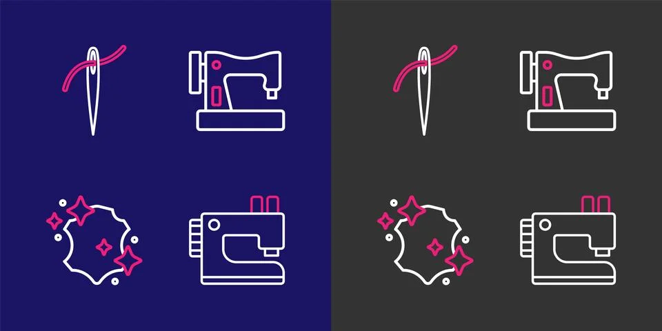 Set line Sewing machine, Leather,  and Needle with thread icon. Vector Illustrazione stock