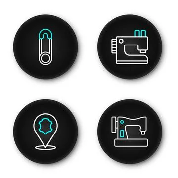 Set line Sewing machine, Leather,  and Safety pin icon. Vector Stock Illustration