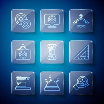 Set line Sewing machine, Needle bed and needles, button, Hanger wardrobe, Yarn Stock Illustration