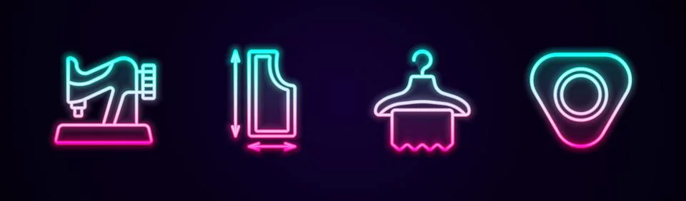 Set line Sewing machine, pattern, Hanger wardrobe and chalk. Glowing neon icon 스톡 일러스트