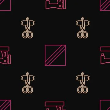 Set line Sewing machine, Scissors and Textile fabric roll on seamless pattern イラスト素材
