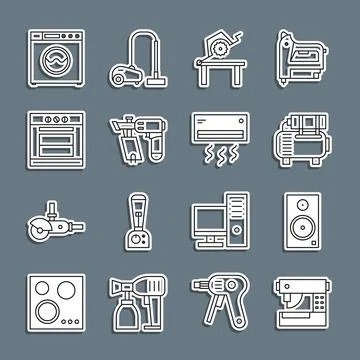 Set line Sewing machine, Stereo speaker, Air compressor, Table saw for wood.. Stock Illustration