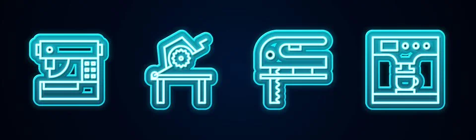 Set line Sewing machine, Table saw for woodwork, Electric jigsaw and Coffee and Illustrazione stock