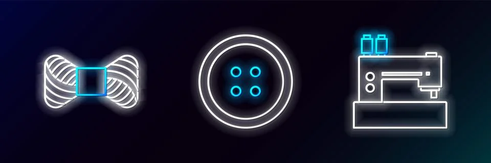 Set line Sewing machine, thread on spool and button for clothes icon. Glowing Stock Illustration
