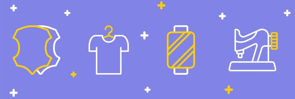 Set line Sewing machine, thread on spool, T-shirt hanger and Leather icon Stock Illustration