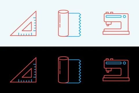 Set line Sewing machine, Triangular ruler and Textile fabric roll icon. Vecto Stock Illustration