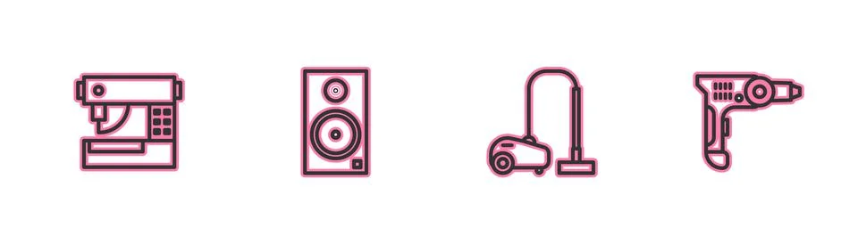 Set line Sewing machine, Vacuum cleaner, Stereo speaker and Electric drill icon Stock Illustration