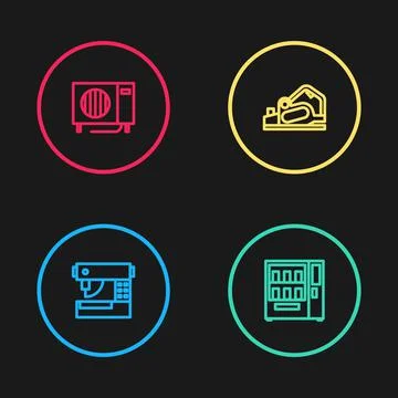 Set line Sewing machine, Vending, Electric planer tool and Air conditioner icon Stock Illustration