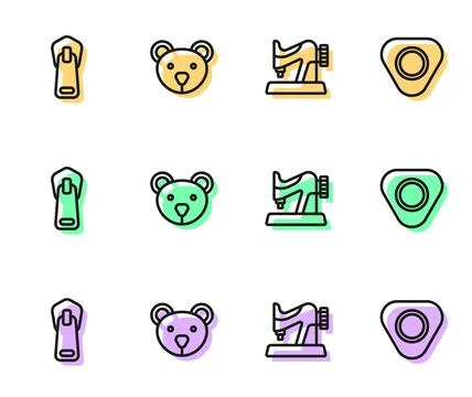 Set line Sewing machine, Zipper, Teddy bear plush toy and chalk icon. Vector Stock Illustration