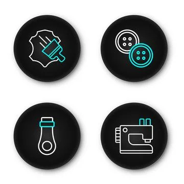 Set line Sewing machine, Zipper, button and Leather icon. Vector Stock Illustration