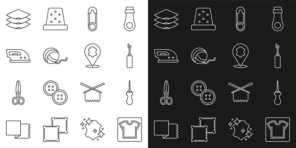 Set line Sewing pattern, Awl tool, Safety pin, Yarn ball, Electric iron, Layers Stockillustratie