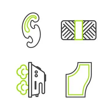 Set line Sewing Pattern, Electric iron, thread spool and French curves icon.. Stockillustratie