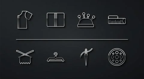 Set line Sewing pattern, Knitting needles, Tape measure, Needle with thread Stock Illustration