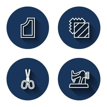 Set line Sewing pattern, Layers clothing textile, Scissors and machine with long Illustrazione stock