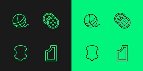 Set line Sewing pattern, Leather, Yarn ball and button for clothes icon. Vector Stock Illustration