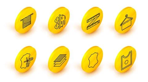 Set line Sewing Pattern, Leather, Textile fabric roll, Scissors and leather Illustrazione stock