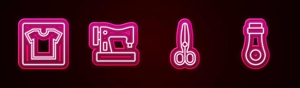 Set line Sewing pattern, machine, Scissors and Zipper. Glowing neon icon. Vector Illustrazione stock