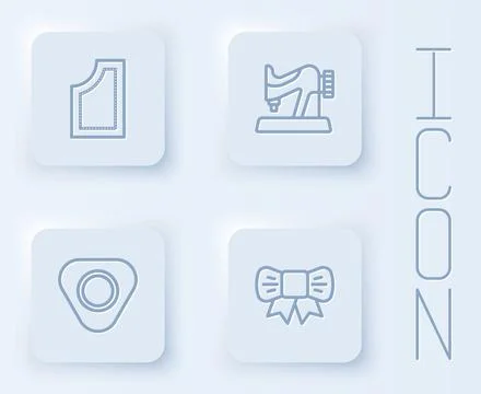 Set line Sewing pattern, machine, chalk and Gift bow. White square button Stock Illustration