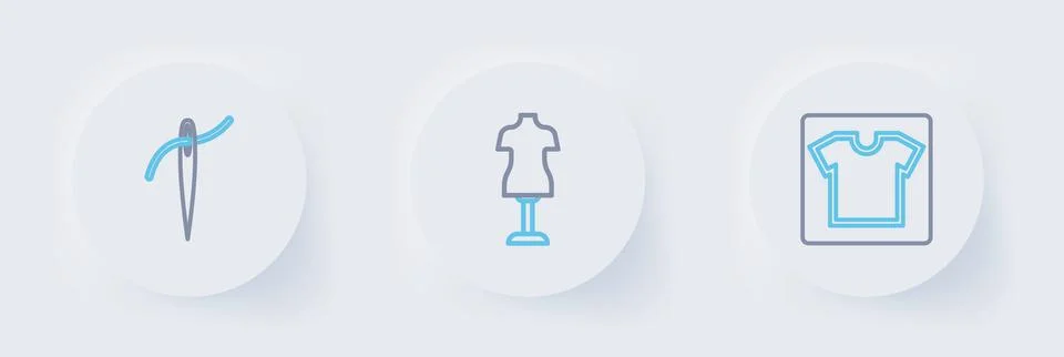 Set line Sewing pattern, Mannequin and Needle with thread icon. Vector Stock Illustration