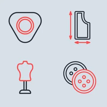 Set line Sewing pattern, Mannequin, button for clothes and chalk icon. Vector Stock Illustration