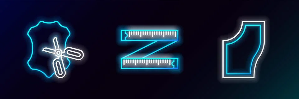 Set line Sewing Pattern, Scissors and leather and Tape measure icon. Glowin.. イラスト素材