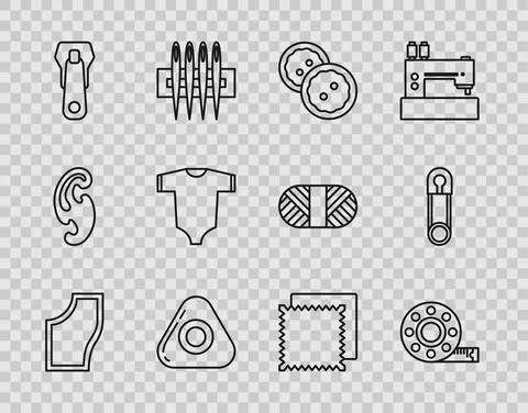 Set line Sewing Pattern, Tape measure, button for clothes, chalk, Zipper, Baby Stock Illustration