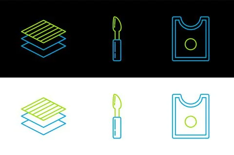 Set line Sewing Pattern, Textile fabric roll and Cutter tool icon. Vector Stock Illustration