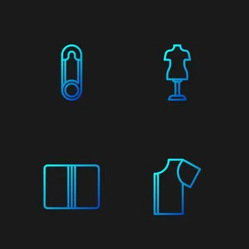 Set line Sewing pattern, Textile fabric roll, Safety pin and Mannequin. Gra.. Illustrazione stock