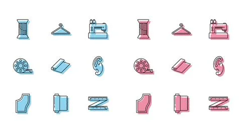 Set line Sewing Pattern, Textile fabric roll, thread on spool, Tape measure.. イラスト素材