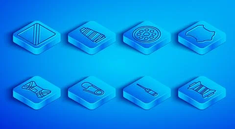 Set line Sewing Pattern, thread, button, Safety pin, Awl tool, Leather, Yarn and Illustrazione stock