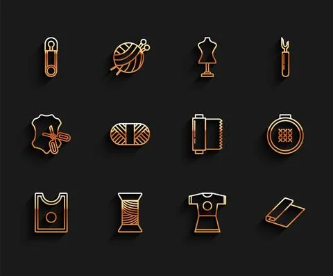 Set line Sewing Pattern, thread on spool, Classic closed steel safety pin, Woman Stock Illustration