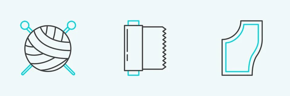 Set line Sewing Pattern, Yarn ball with knitting needles and Textile fabric.. Stock Illustration