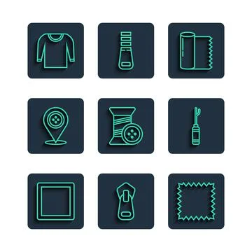 Set line Sewing Pattern, Zipper, Leather, Textile fabric roll, thread and button 스톡 일러스트