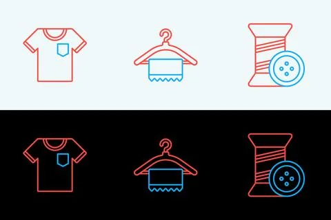 Set line Sewing thread and button, T-shirt and Hanger wardrobe icon. Vector Illustrazione stock