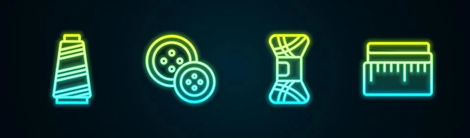 Set line Sewing thread, button, Yarn and Tape measure. Glowing neon icon. Vector 스톡 일러스트
