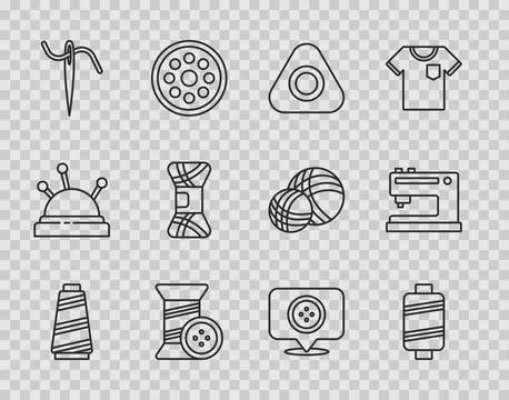 Set line Sewing thread, chalk, and button, Needle for sewing with, Yarn Stock Illustration