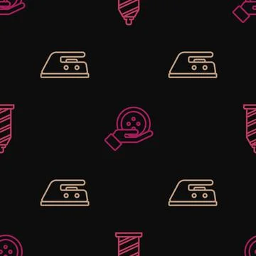Set line Sewing thread, Electric iron and button on seamless pattern. Vector Stock Illustration