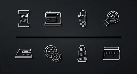 Set line Sewing thread, Electric iron, button, machine, Tape measure and Sa.. Stock Illustration