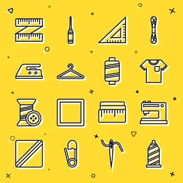Set line Sewing thread, machine, T-shirt, Triangular ruler, Hanger wardrobe Illustrazione stock