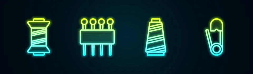 Set line Sewing thread, Needle for sewing,  and Safety pin. Glowing neon ic.. Illustrazione stock