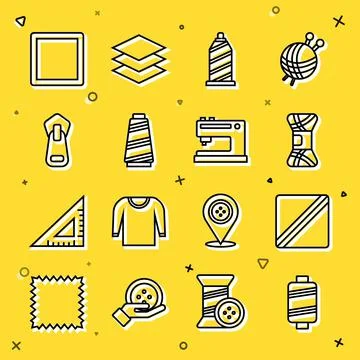 Set line Sewing thread, Pattern, Yarn, Zipper, and machine icon. Vector 스톡 일러스트