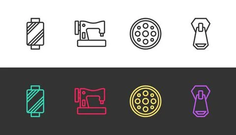Set line Sewing thread on spool, machine, button and Zipper on black and white Stock Illustration