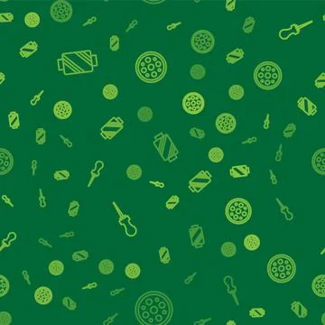 Set line Sewing thread on spool, Awl tool and button on seamless pattern. Vector Stock Illustration