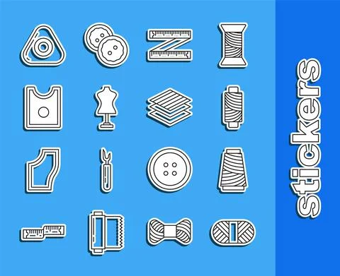 Set line Sewing thread on spool, Tape measure, Mannequin, Pattern, chalk and Stock Illustration