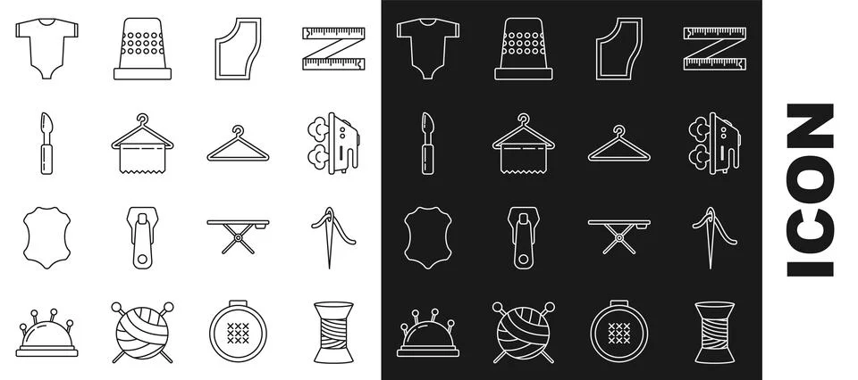 Set line Sewing thread on spool, Needle for sewing with, Electric iron, Pattern Stock Illustration