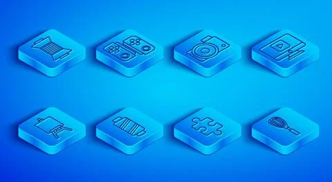 Set line Sewing thread on spool, Gamepad, Photo camera, Piece of puzzle, Online Illustrazione stock