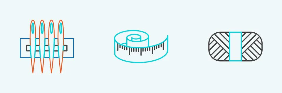 Set line Sewing thread on spool, Needle for sewing and Tape measure icon. Vector Stockillustratie