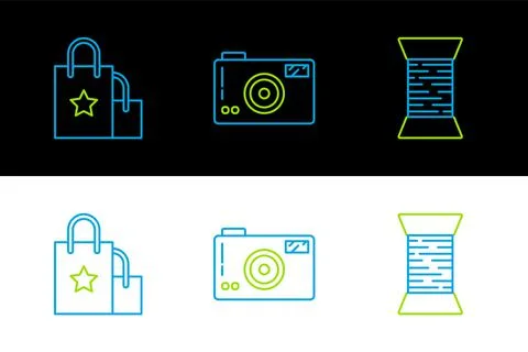 Set line Sewing thread on spool, Paper shopping bag and Photo camera icon Illustrazione stock