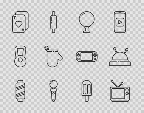 Set line Sewing thread on spool, Retro tv, Golf ball tee, Joystick for arcade Stock Illustration